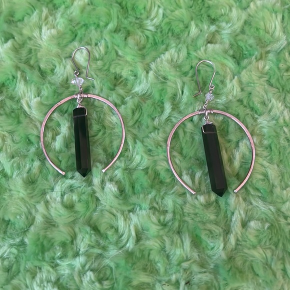 Moon Smokey quartz herkimer diamond moon earrings - Picture 2 of 6